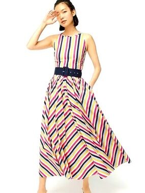 J. Crew Multicolor Chevron Striped Sleeveless Maxi Dress with Navy Belt